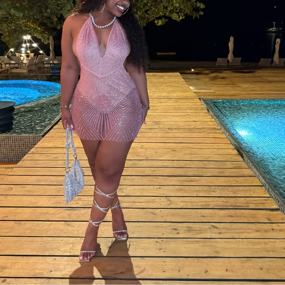 Glitter Pink Halter Backless Mini Dress